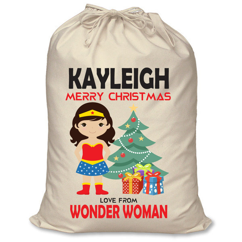 PERSONALISED Cartoon Inspired Super Hero Amazing Woman KAYLEIGH - XL Children's Christmas Santa Sack CUSTOMISE Present