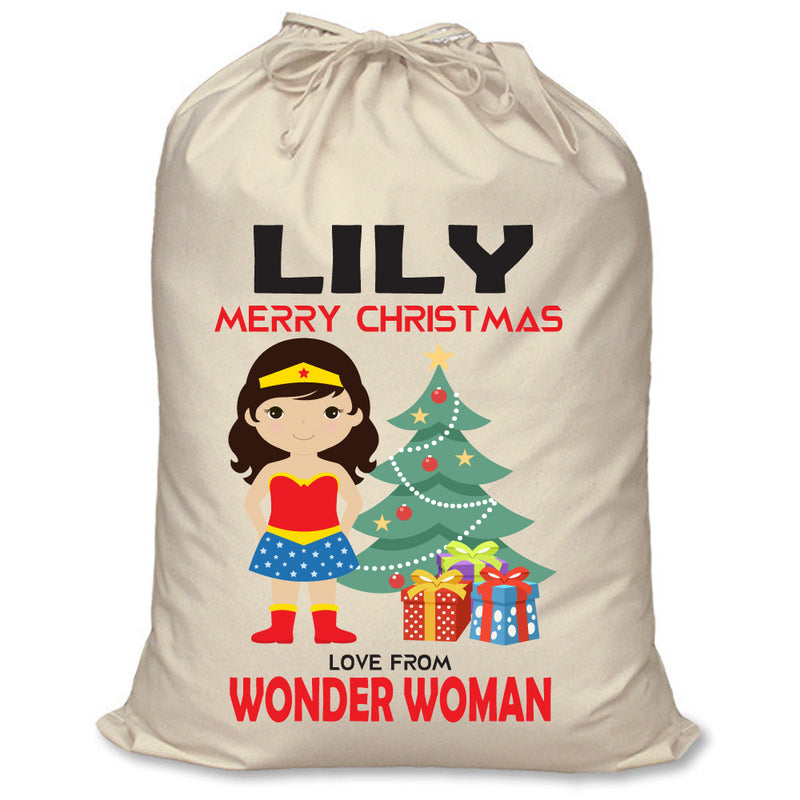 PERSONALISED Cartoon Inspired Super Hero Amazing Woman LILY - XL Children's Christmas Santa Sack CUSTOMISE Present