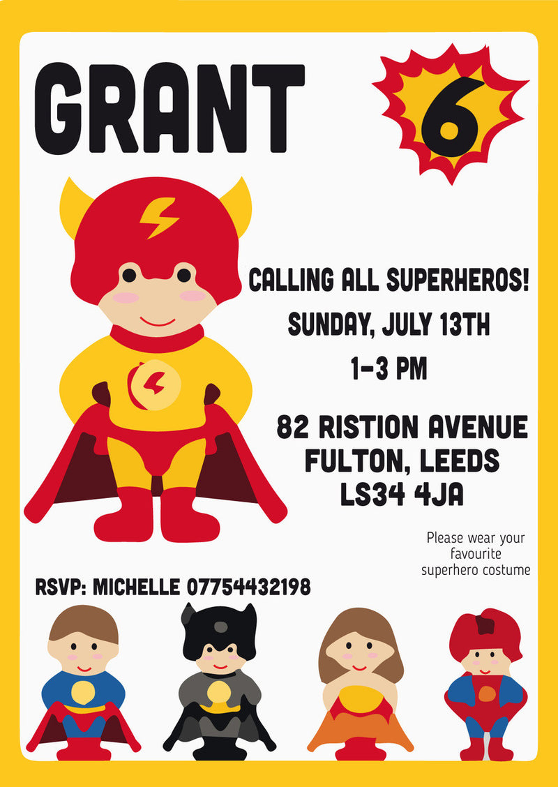 10 X Personalised Printed You're A Superhero INSPIRED STYLE Invites