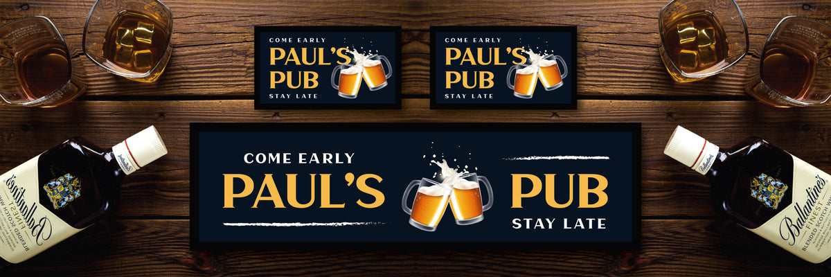 Custom Personalised Bar Mat Runner Cheers 2 Design M4 – personalised come early stay late bar mat – Cheers 2 design