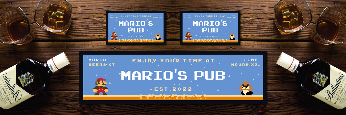 Personalised Bar Mat Runner 8-Bit Plumber Design M41 – personalised 8-bit bar runner – 8-Bit Plumber design