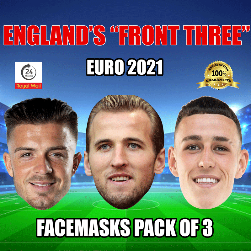 ENGLAND "FRONT THREE" EURO 2021 CELEBRITY FACE MASK PACK 8 GREALISH, KANE, FODEN
