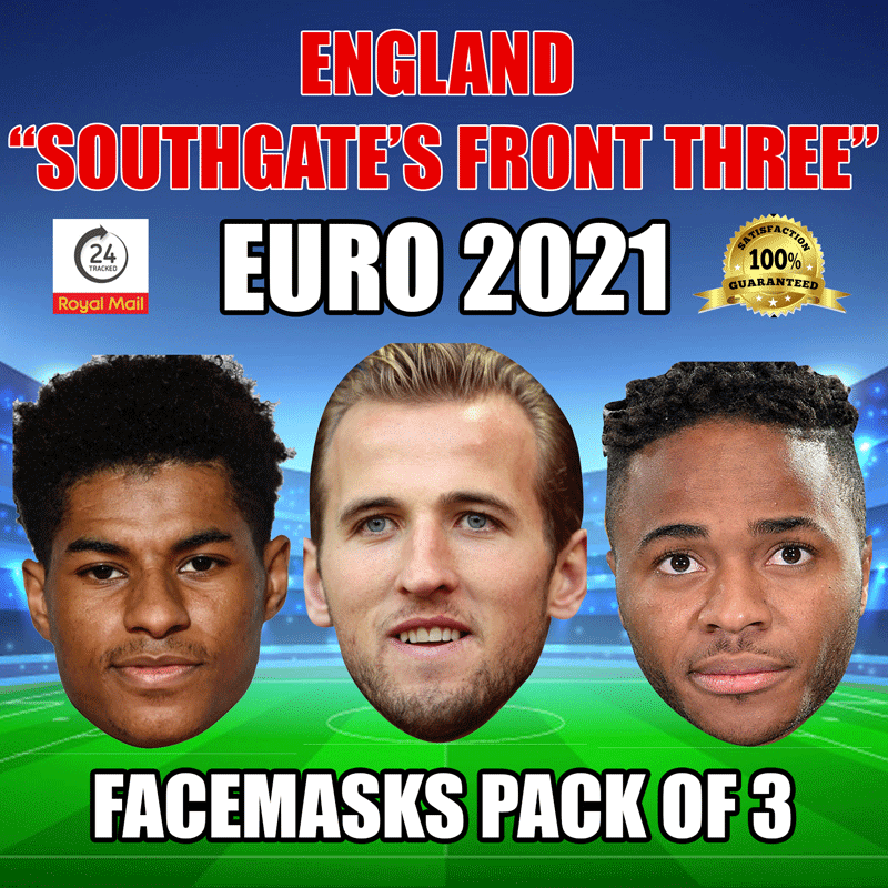 ENGLAND "SOUTHGATE'S FRONT THREE" EURO 2021 CELEBRITY FACE MASK PACK 9 RASHFORD, KANE, STRELING