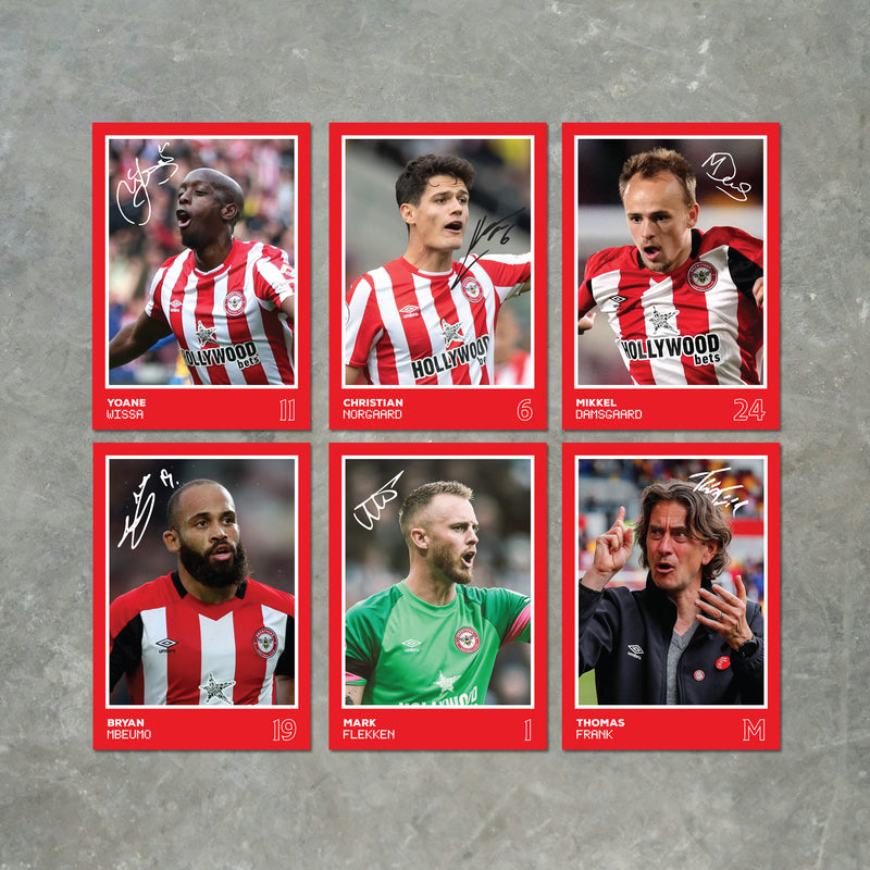 Brentford Players SIGNED A6 Poster Pack 2 - 6 Autographed Poster Print Cards (Mbeumo, Wissa, Norgaard, Damsgaard, Flekken, Frank)