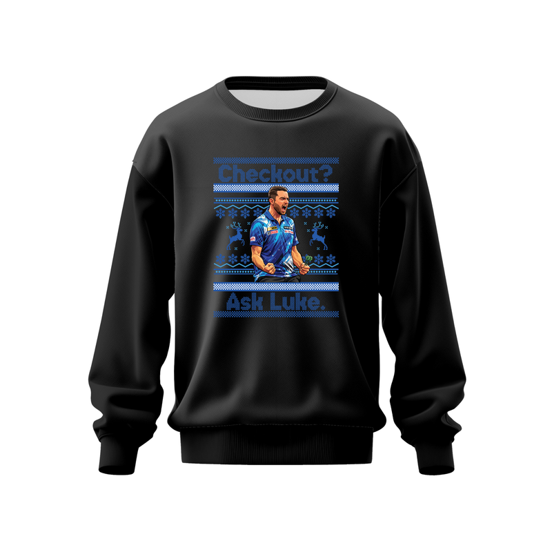 Luke Humphries Jumper – "Checkout? Ask Luke" Darts Fan Pullover Jumper – Unisex Graphic Sweatshirt – Professional Darts Supporter Gift for Men & Women – Luke Humphries Jumper – Black, XS (34")