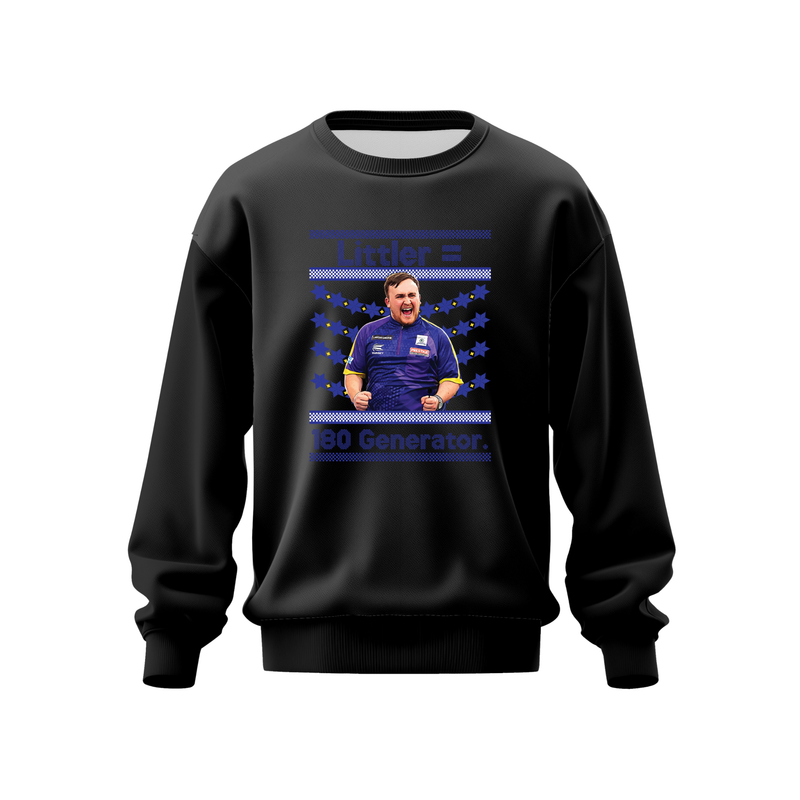 Luke Littler Jumper – "Littler = 180 Generator" Darts Fan Pullover Jumper – Unisex Graphic Sweatshirt – Luke Littler Jumper – Black, XS (34")