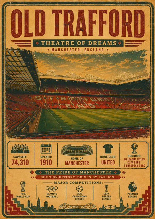 Old Trafford stadium vintage travel poster print