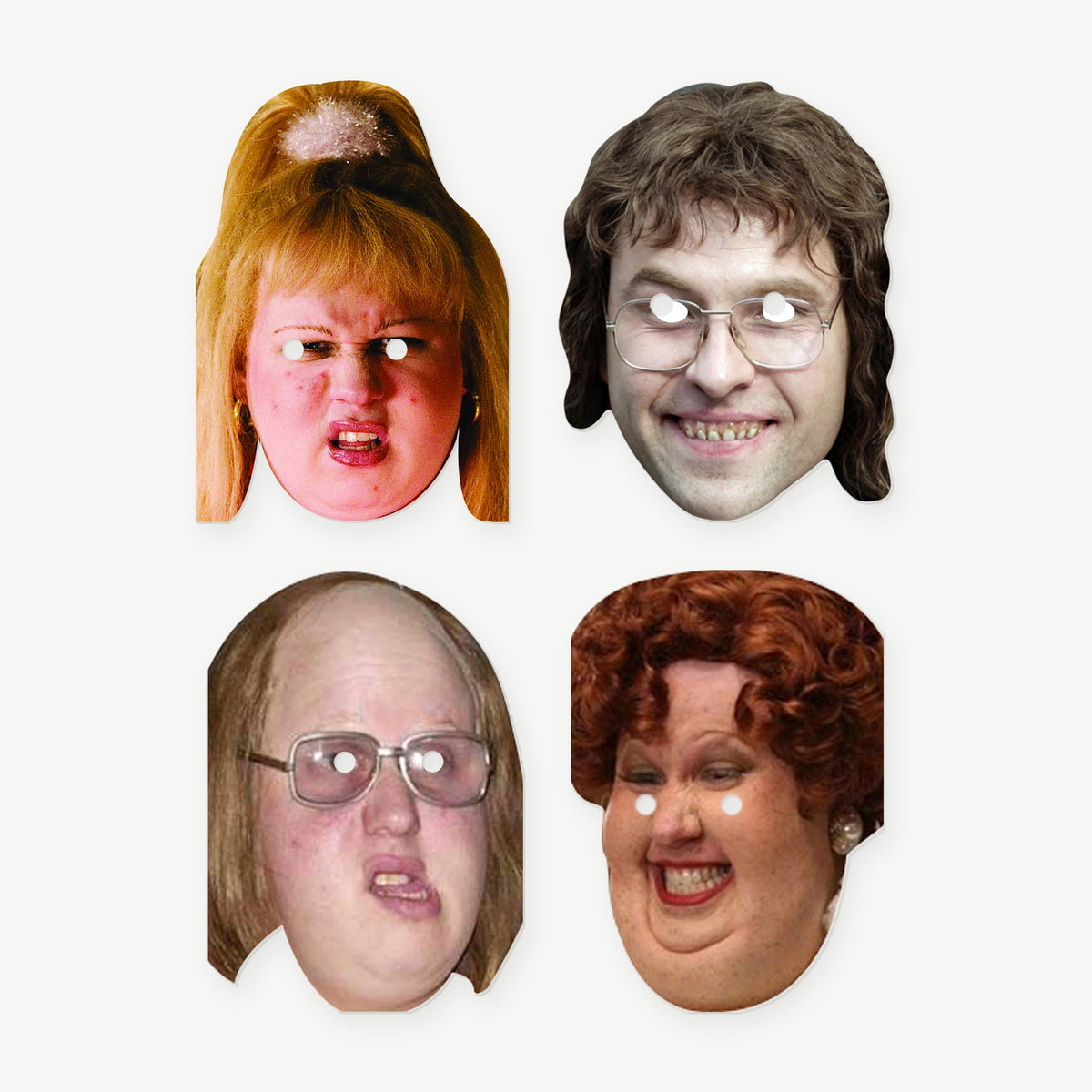 Comedy character face mask pack, four printed card masks cut to shape with eye holes