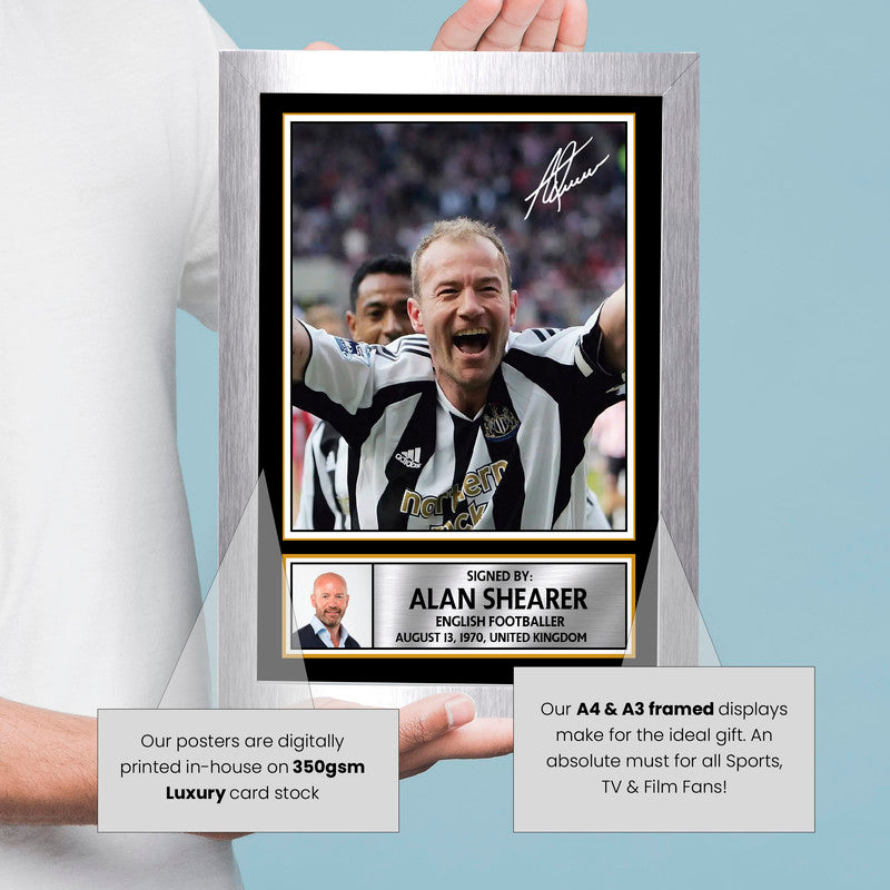 Alan Shearer Portrait Signed Autographed Poster Print – Framed Football Memorabilia with Plaque – Newcastle United & England Legend– Gift for Fans & Collectors