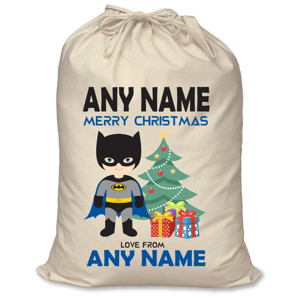 Batman inspired personalised superhero Santa sack in cream cotton with a child's name