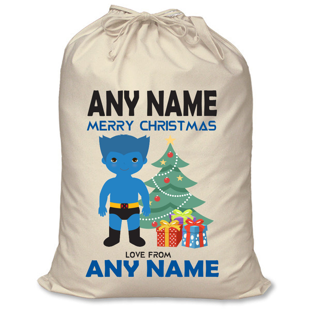 Beast Inspired Personalised Santa Sack – XL Superhero Christmas Sack with Child’s Name – Beast inspired personalised superhero Santa sack in cream cotton with a child's name