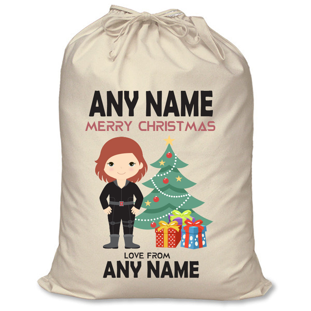 Black Widow Inspired Personalised Santa Sack – XL Superhero Christmas Sack with Child’s Name – Black Widow inspired personalised superhero Santa sack in cream cotton with a child's name