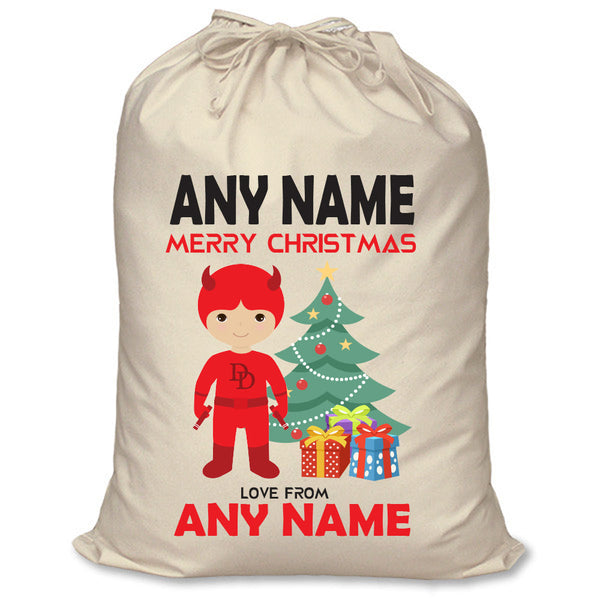 Daredevil inspired personalised superhero Santa sack in cream cotton with a child's name