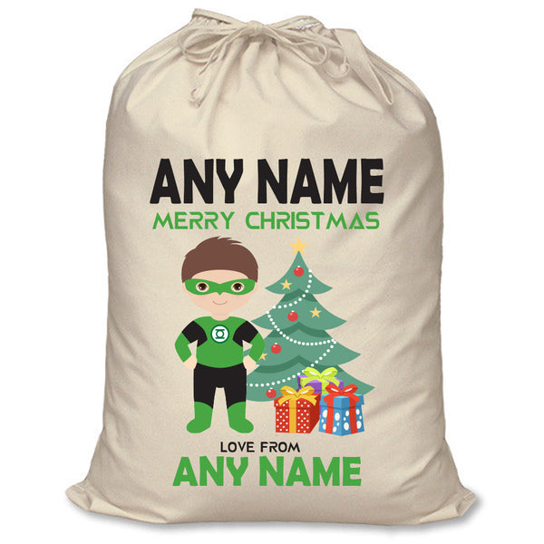 Green Lantern inspired personalised superhero Santa sack in cream cotton with a child's name