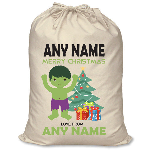 Hulk inspired personalised superhero Santa sack in cream cotton with a child's name