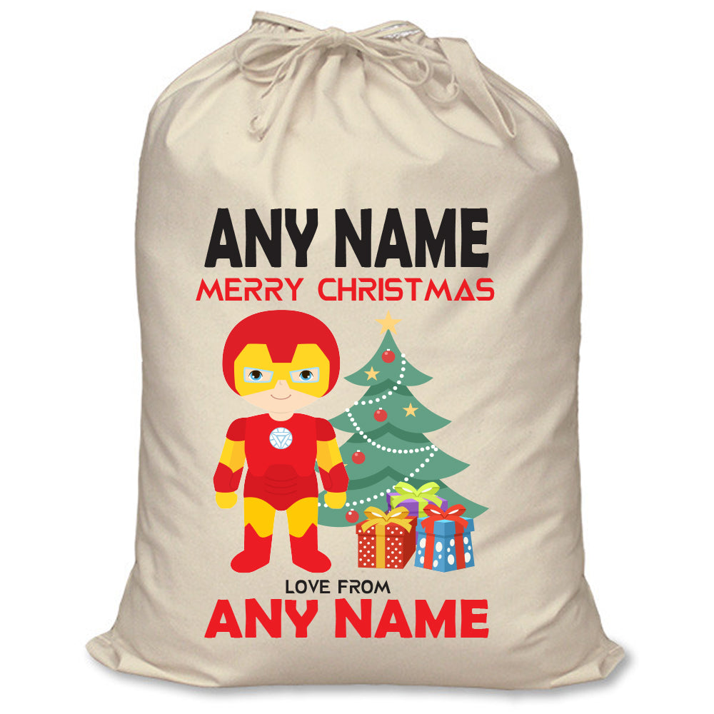 Iron Man Inspired Personalised Santa Sack – XL Superhero Christmas Sack with Child’s Name – Iron Man (red & gold) inspired personalised superhero Santa sack in cream cotton with a child's name