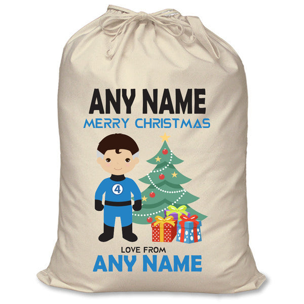 Mr Fantastic inspired personalised superhero Santa sack in cream cotton with a child's name
