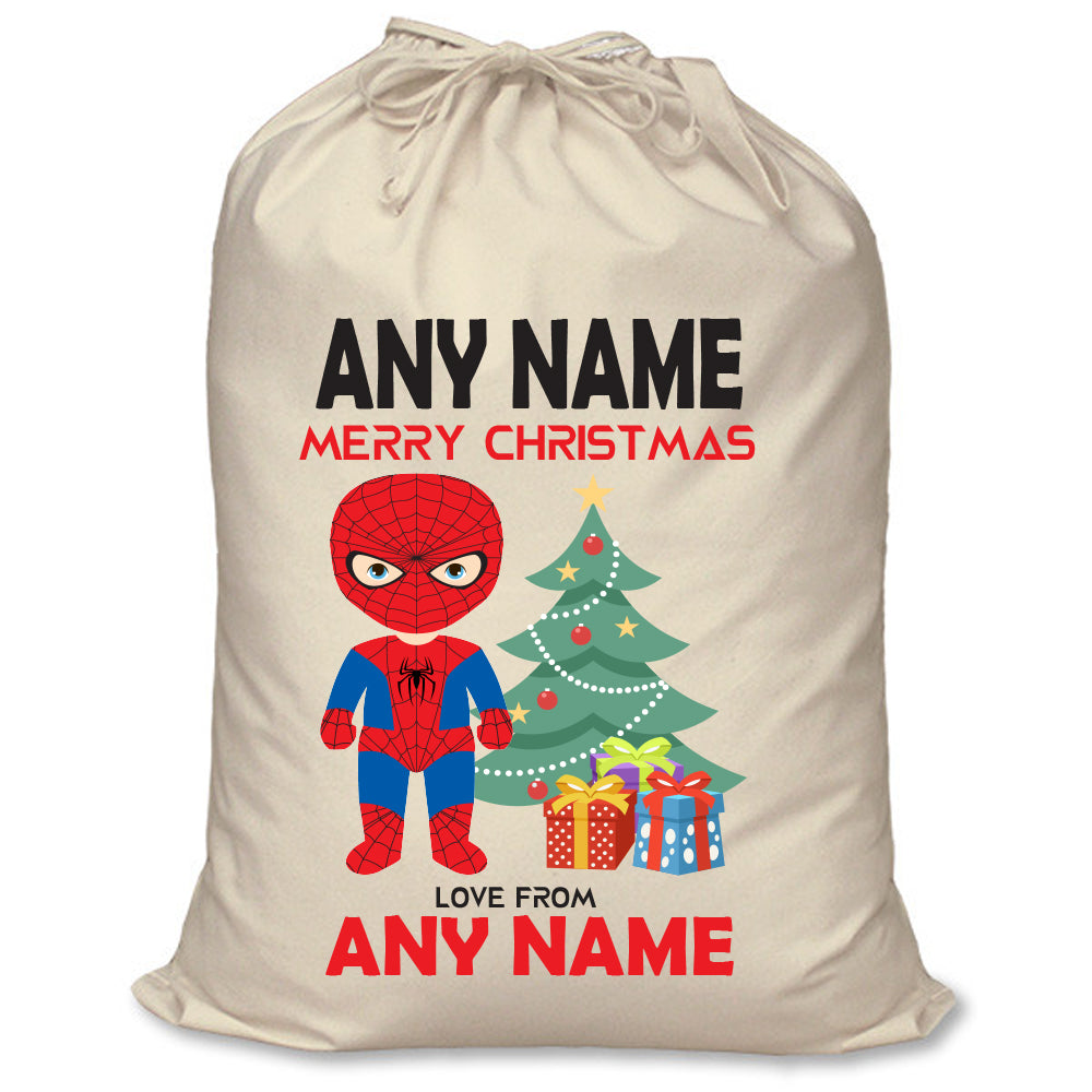 Spider-Man & Spider-Girl Inspired Personalised Santa Sack – XL Superhero Christmas Sack with Child’s Name – Spider-Man inspired personalised superhero Santa sack in cream cotton with a child's name