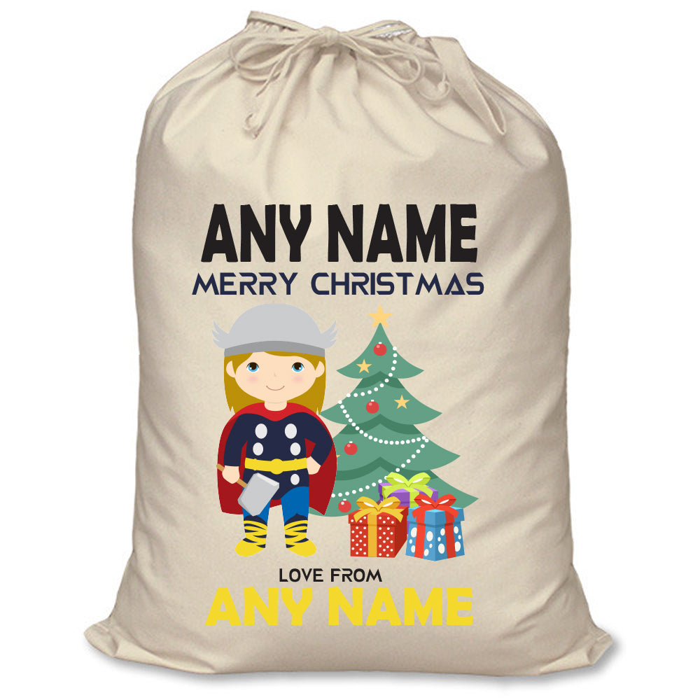 Thor Inspired Personalised Santa Sack – XL Superhero Christmas Sack with Child’s Name – Thor inspired personalised superhero Santa sack in cream cotton with a child's name
