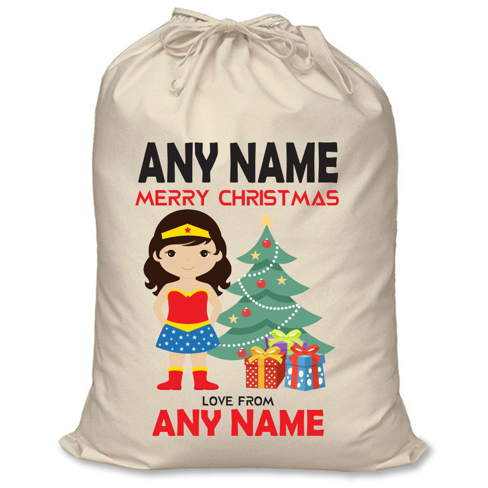 Wonder Woman Inspired Personalised Santa Sack – XL Superhero Christmas Sack with Child’s Name – Wonder Woman inspired personalised superhero Santa sack in cream cotton with a child's name
