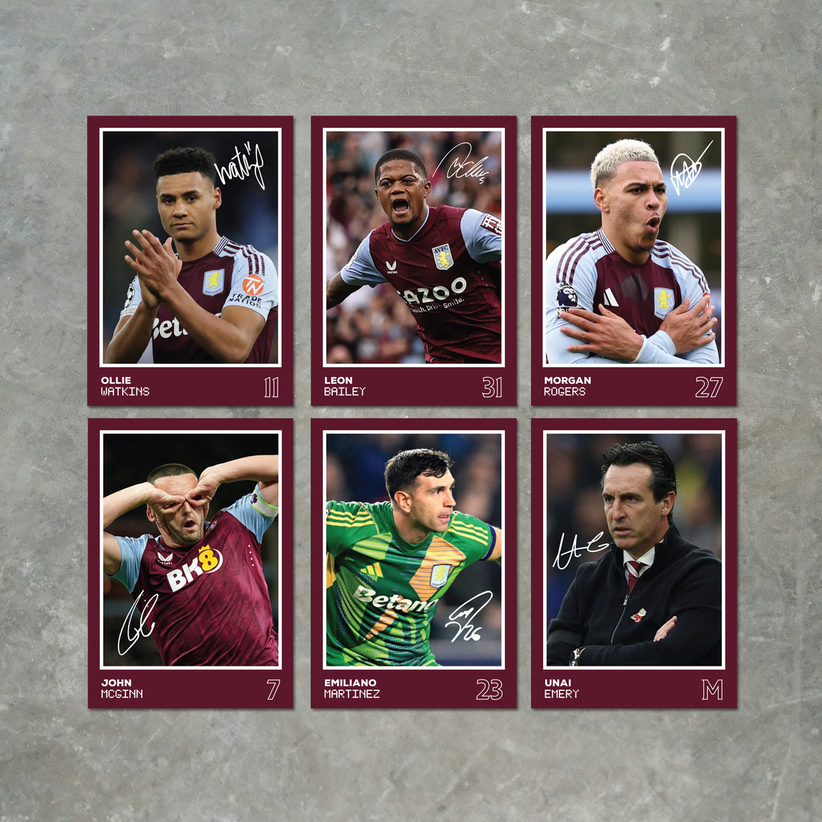 Aston Villa Players Printed Signature A6 Poster Pack 2 – 6 Poster Print Cards (Watkins, Bailey, Rogers, McGinn, Martinez, Emery) – Aston Villa Players Printed Signature A6 Poster Pack 2