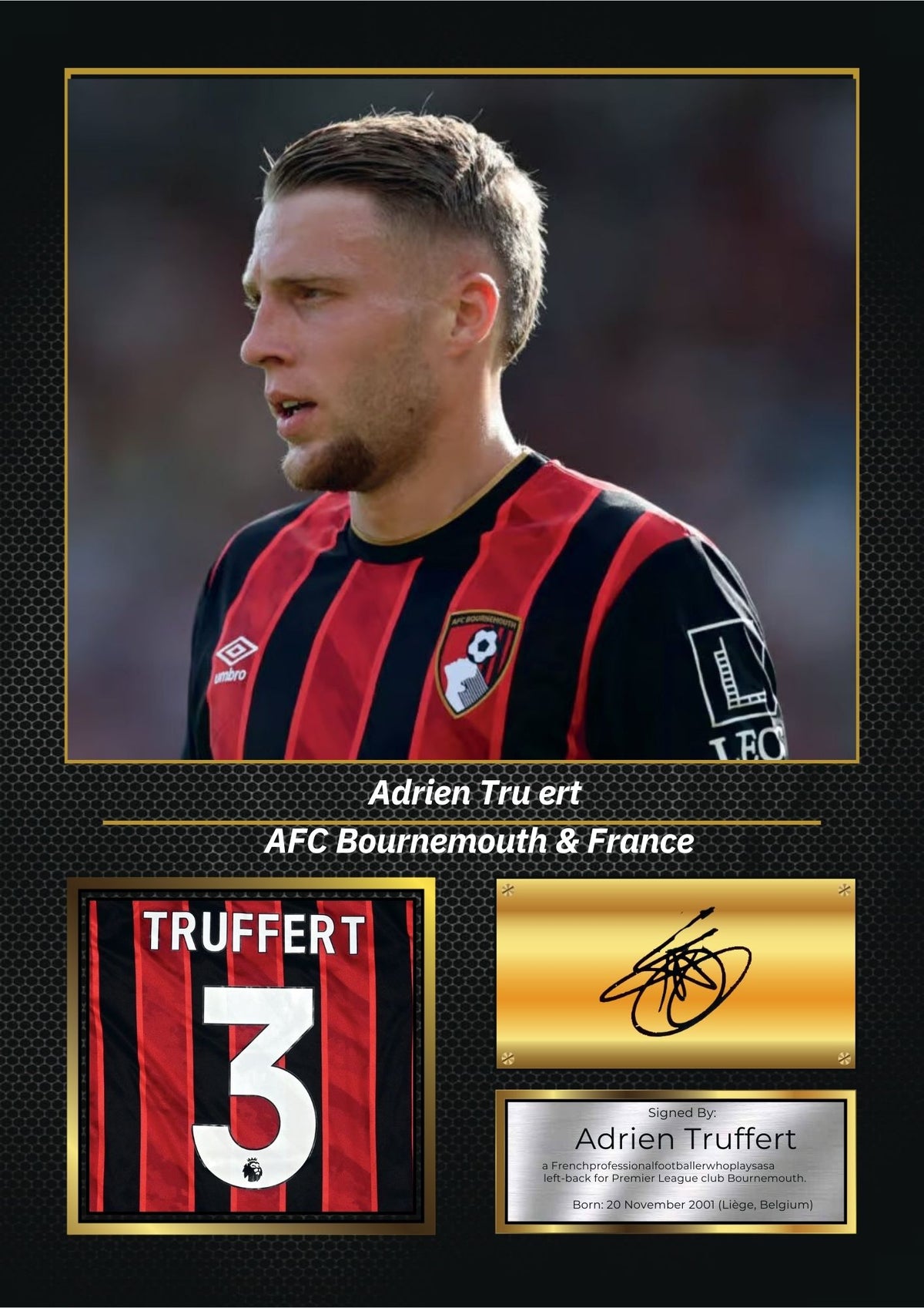 Adrien Truffert Printed Signature Football Wall Art – Framed Display with AFC Bournemouth & France Tribute – Collector’s Gift – Adrien Truffert Printed Signature Football Wall Art