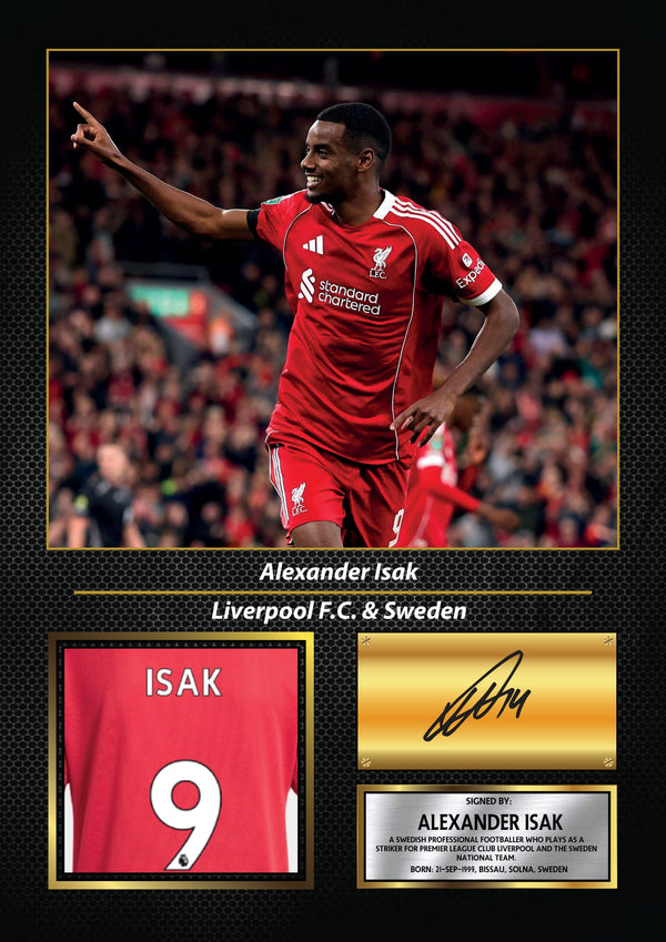 Alexander Isak Printed Signature Poster – Liverpool FC & Sweden Striker Tribute Wall Art with Jersey & Bio Plaque