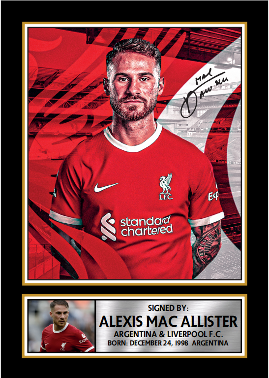 Alexis Mac Allister Printed Signature Poster – Liverpool FC Wall Art – Framed Portrait Print with Plaque – Argentina Football Gift