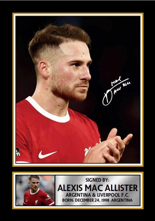 Alexis Mac Allister Printed Signature Poster – Liverpool FC & Argentina Football Wall Art – Framed Portrait Print with Plaque & Action Shot