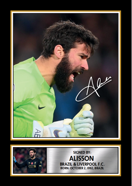 Alisson Becker Printed Signature Poster – Liverpool FC & Brazil Goalkeeper Wall Art – Framed Portrait Print with Plaque & Action Shot