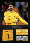 Alisson Becker Printed Signed Poster – Liverpool FC & Brazil Goalkeeper Tribute Wall Art with Jersey & Bio Plaque – Premier League Football Memorabilia for Fans & Collectors