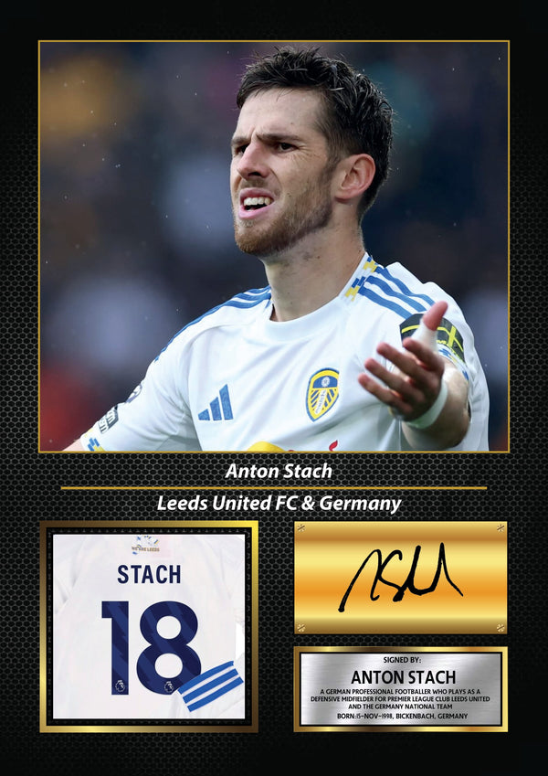 Anton Stach Printed Signature Poster – Leeds United & Germany Midfielder Tribute Wall Art with Jersey & Bio Plaque – Reproduction Print