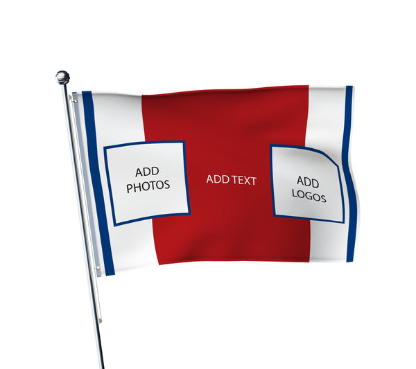 Personalised Arsenal football flag in red and white, printed with custom wording
