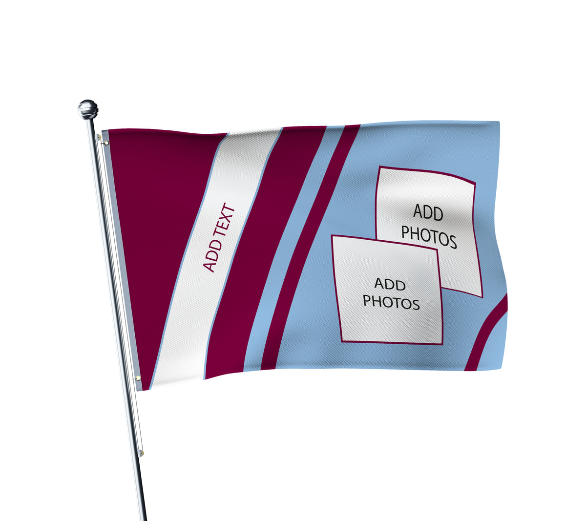 Personalised Aston Villa football flag in claret and blue, printed with custom wording