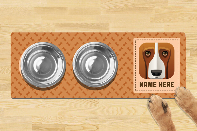 Personalised Dog Breed Dog Bowl Mat (880mm x 300mm)(2 Bowl Design) - BASSET HOUND