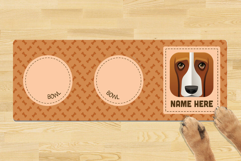 Personalised Dog Breed Dog Bowl Mat (880mm x 300mm)(2 Bowl Design) - BASSET HOUND