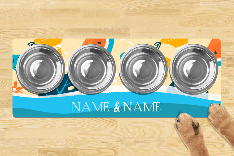 Personalised Dog Bowl Mat (880mm x 300mm)(4 Bowl Design) - BEACH DOG