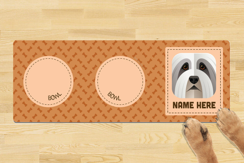 Personalised Dog Breed Dog Bowl Mat (880mm x 300mm)(2 Bowl Design) - BEARDED COLLIE