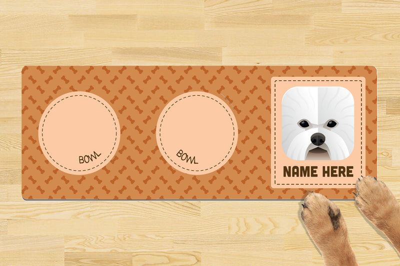 Personalised Dog Breed Dog Bowl Mat (880mm x 300mm)(2 Bowl Design) - BICHON FRISE