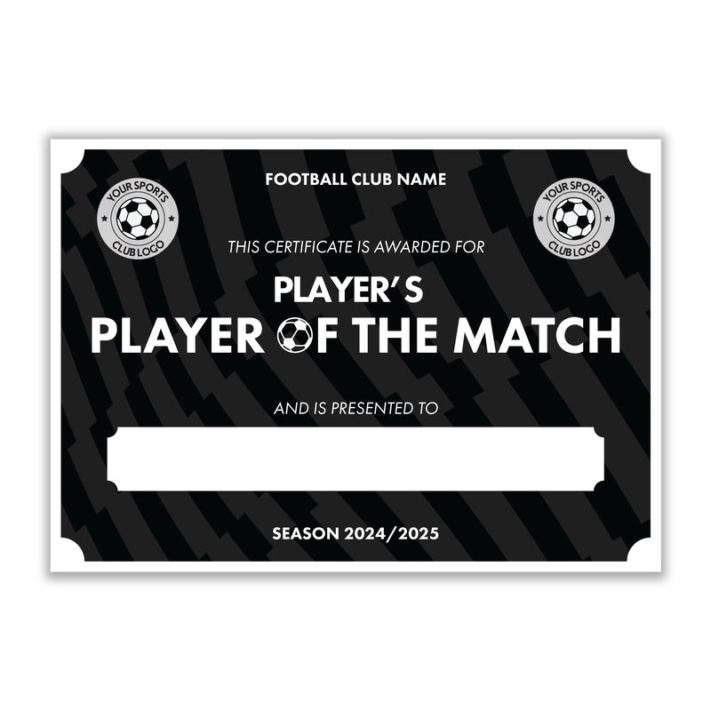 Personalised Football Club Certificates - Player's Player Of The Match Custom Design (9 Colours)