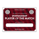 Personalised Football Club Certificates - Sportsmanship Player Of The Match Custom Design (9 Colours)