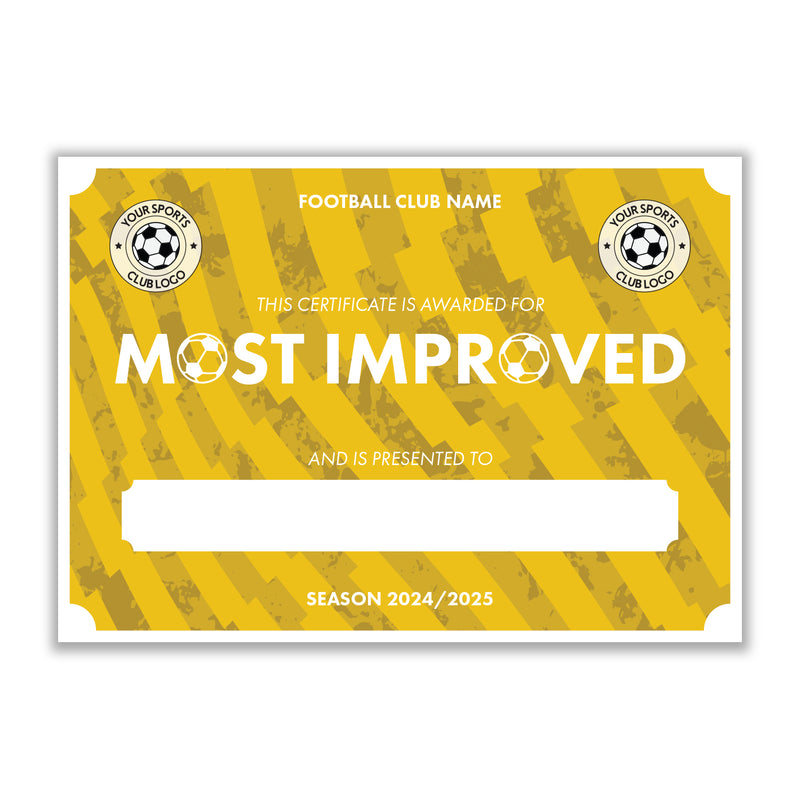 Personalised Football Club Certificates - Most Improved Player Custom Design (9 Colours)