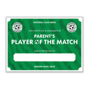 Personalised Football Club Certificates - Parent's Player Of The Match Custom Design (9 Colours)
