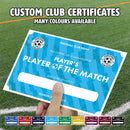 Personalised Football Club Certificates - Player's Player Of The Match Custom Design (9 Colours)