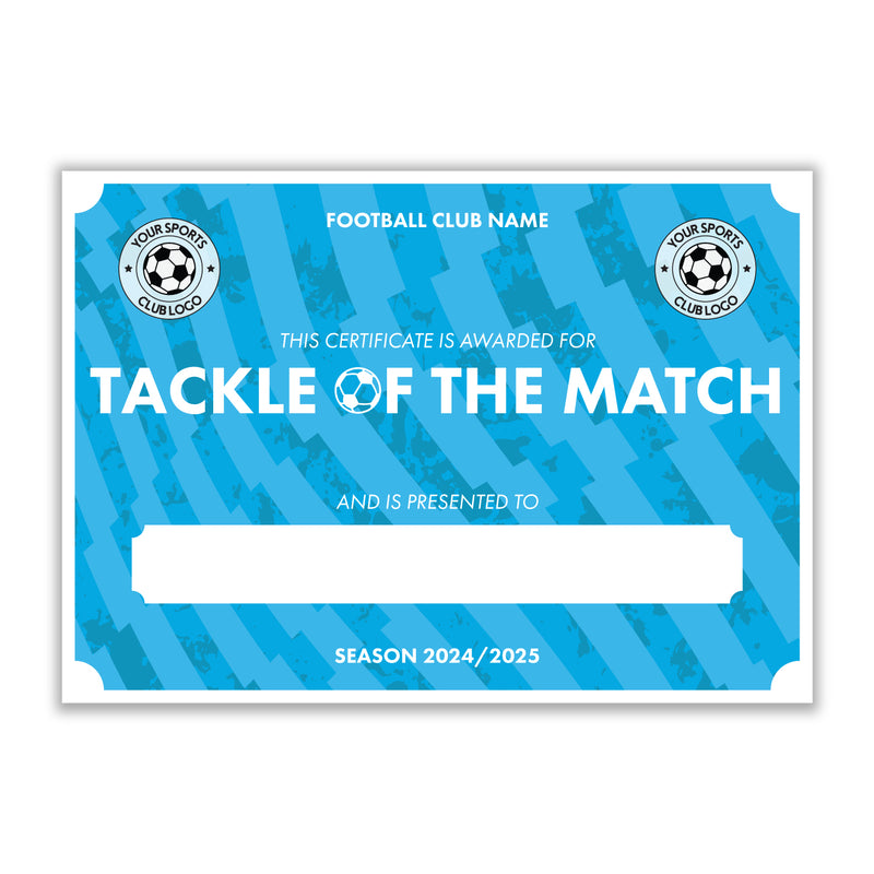 Personalised Football Club Certificates - Tackle Of The Match Custom Design (9 Colours)