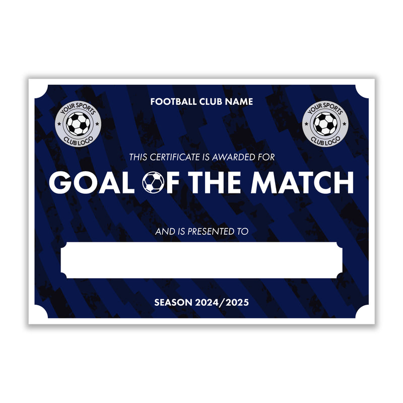 Personalised Football Club Certificates - Goal Of The Match Custom Design (9 Colours)