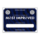 Personalised Football Club Certificates - Most Improved Player Custom Design (9 Colours)
