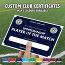 Personalised Football Club Certificates - Sportsmanship Player Of The Match Custom Design (9 Colours)