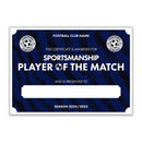 Personalised Football Club Certificates - Sportsmanship Player Of The Match Custom Design (9 Colours)