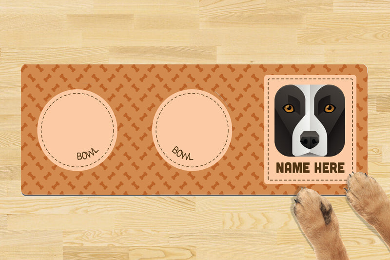 Personalised Dog Breed Dog Bowl Mat (880mm x 300mm)(2 Bowl Design) - BORDER COLLIE